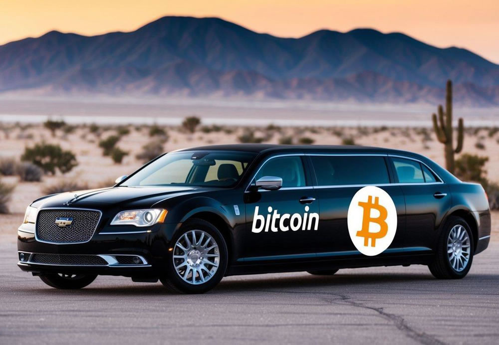 A sleek limousine parked in front of a desert backdrop, with a prominent Bitcoin logo displayed on the side of the vehicle