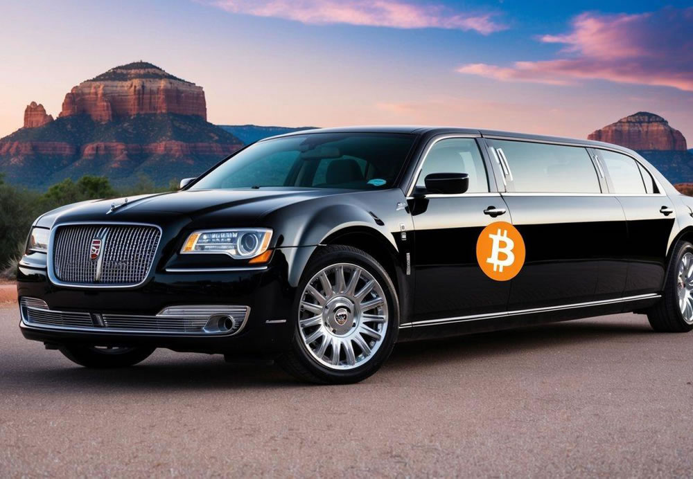 A luxurious limousine parked in front of a scenic Sedona backdrop, with a Bitcoin symbol prominently displayed on its exterior