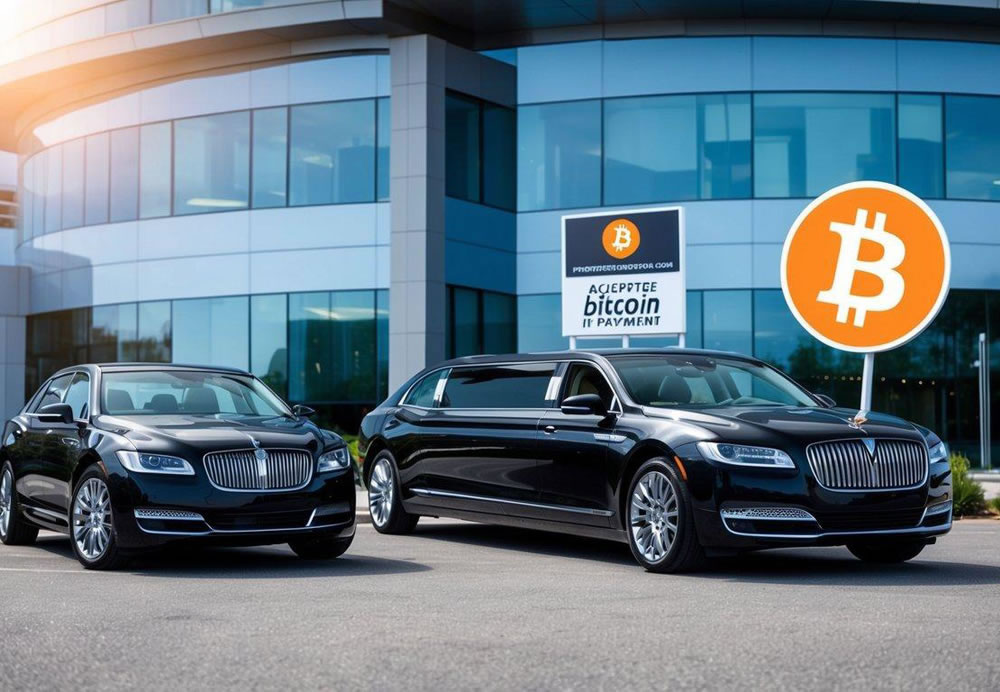 A luxury sedan and limousine parked in front of a modern office building, with a prominent Bitcoin logo displayed on the vehicle and a sign announcing the acceptance of Bitcoin as payment