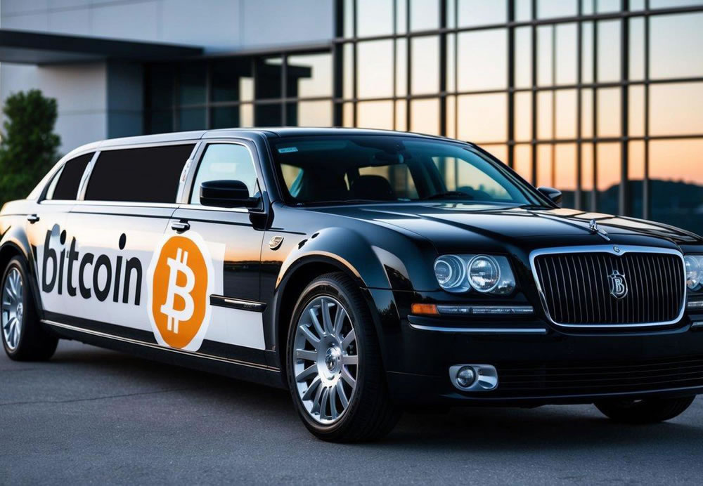 A sleek limousine parked in front of a modern building, with a Bitcoin logo displayed prominently on the vehicle's exterior