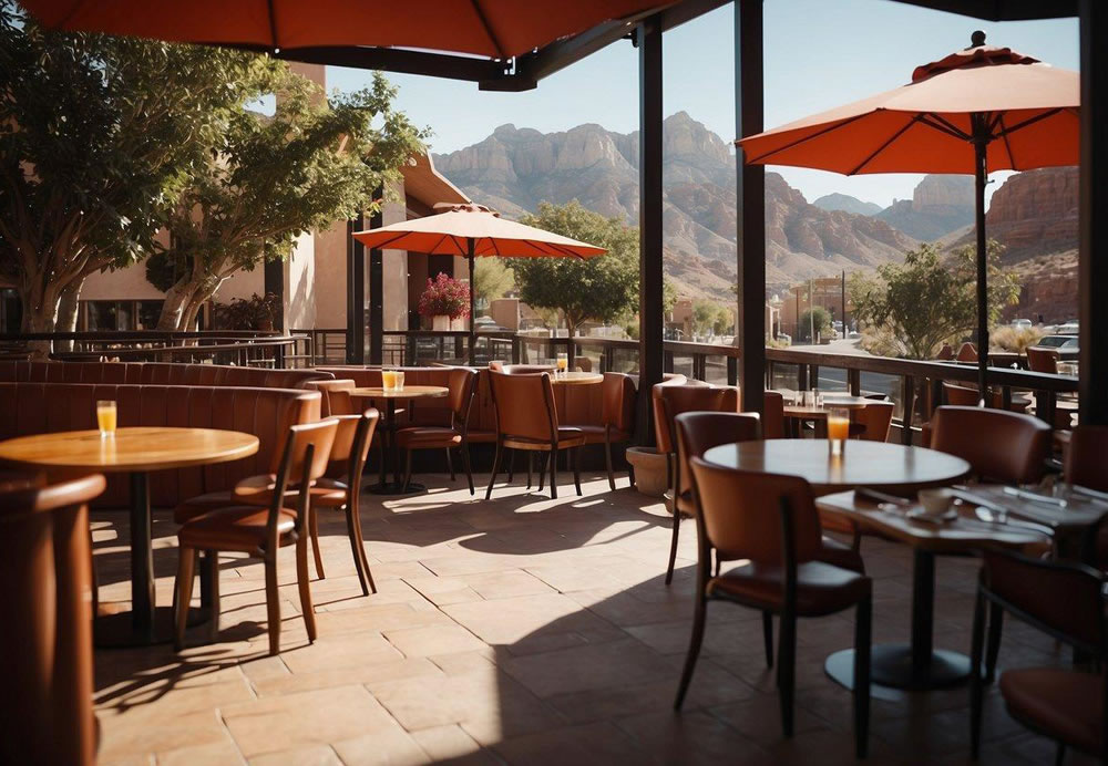 A cozy caf&eacute; with red rock views, bustling with locals and tourists enjoying a variety of breakfast dishes
