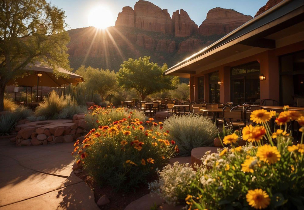 The sun rises over the Red Rock Caf&eacute;, casting a warm glow on the outdoor patio. A colorful array of flowers adorns the entrance, while the red rocks of Sedona provide a stunning backdrop